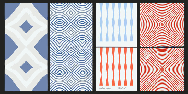 abstract op art patterns in blue red and white