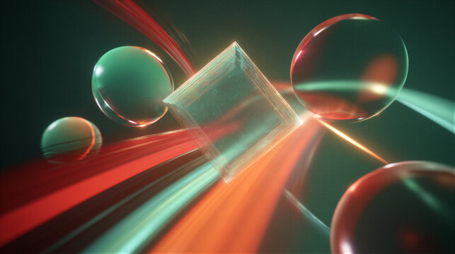 Abstract digital art data center topology. Central frosted hub surrounded by emerald and neon red spheres. Fibonacci spiral light trails against dark void with volumetric lighting. Tech background.