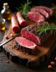 Plakat Raw beef steaks and sausages are arranged on wooden board. Sliced beef shows red meat with fat. Knife is ready for serving. Rosemary herbs garnish dish. Cooking oil and small red berries are nearby.