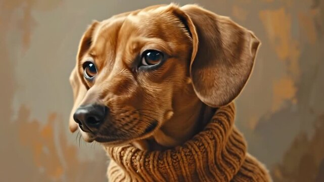 A cute dog wearing a warm sweater looking directly at the camera