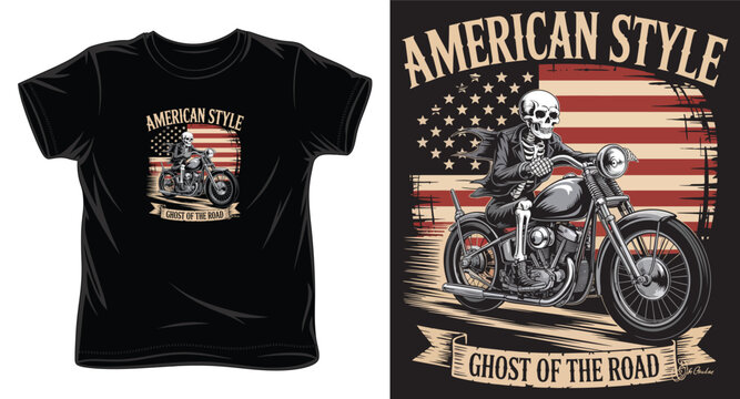 American style ghost of the road t-shirt design with skeleton riding motorcycle in front of vintage usa flag.