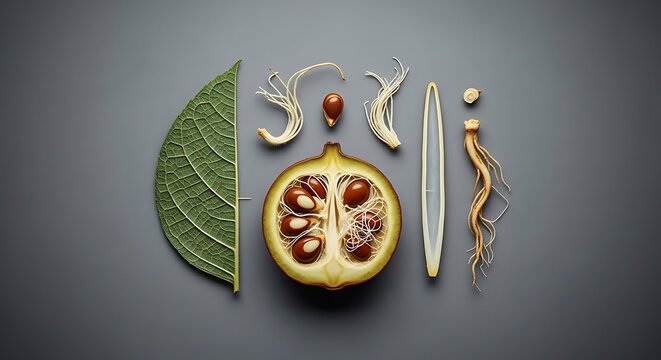Citrus fruit cut in half with leaf.