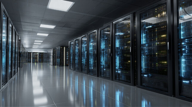 Modern data center server room with black racks, blue LEDs, organized cables, volumetric lighting, tech ambiance, copy space for tech website, cloud computing background, 8K Unreal 5 render