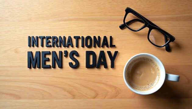 International Mens Day text, coffee mug on wooden table. Black glasses rest nearby. Celebrate men, acknowledge contributions, promote equality, mental wellness. Morning break represents reflection.