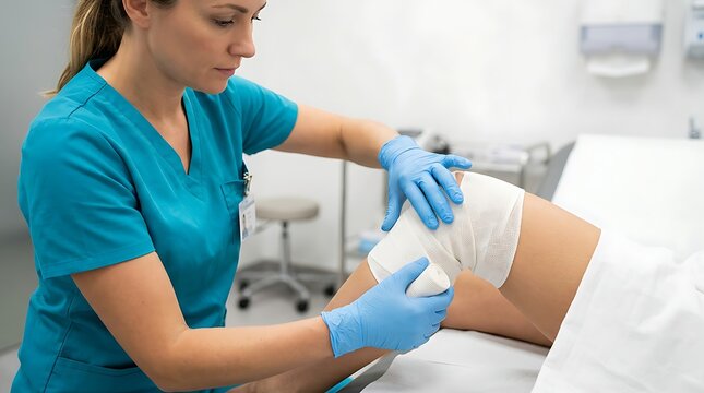 Nurse applying bandage to patient's knee in hospital room, medical professional providing wound care and treatment