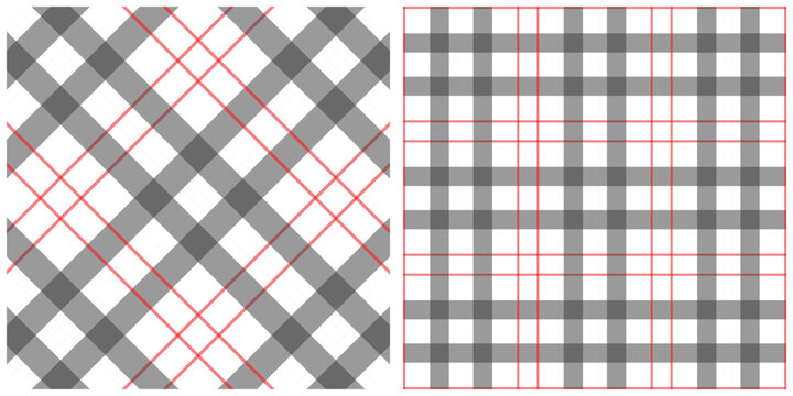 plaid and gingham fabric patterns in gray and red