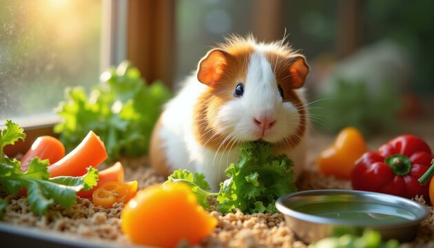 Cute guinea pig eats fresh green lettuce in glass cage with vegetables and water bowl. Small pet enjoys healthy diet, natural light illuminates habitat.