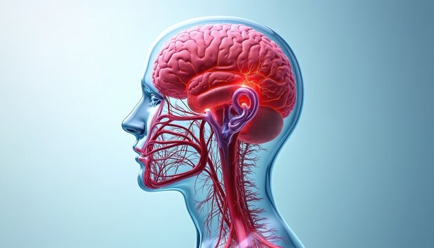 3D model of human head profile showing brain with red neural pathways and blood vessels inside translucent blue skull. Medical science concept.