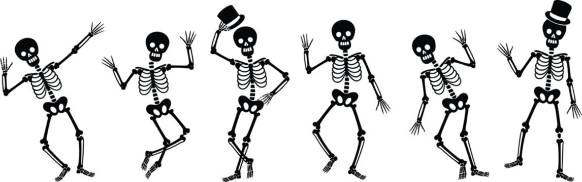 Dancing skeleton set, halloween skull characters, funny bone poses, spooky cartoon skeletons, black white vector, isolated clipart collection