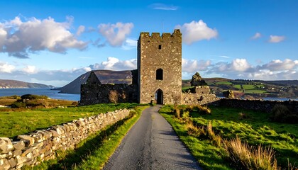 Fototapeta premium A serene landscape with a historic stone tower and building