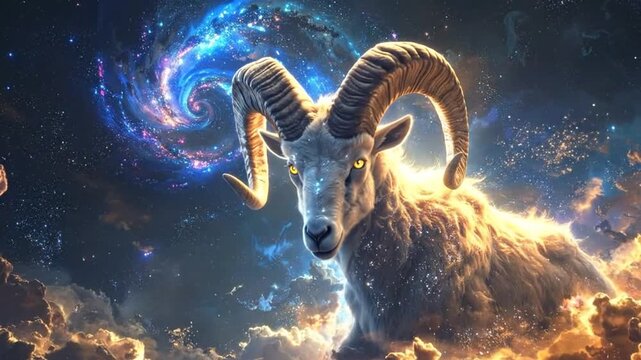 A majestic ram floats in the cosmos, surrounded by swirling nebulae and stars