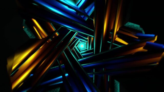 Turquoise hexagonal tunnel spins with glossy neon beams and starry depth