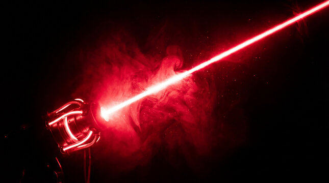 Red laser beam emitting from futuristic projector, high energy light ray in smoke, glowing crimson laser pointer for security and technology concepts isolated on Transparent Background