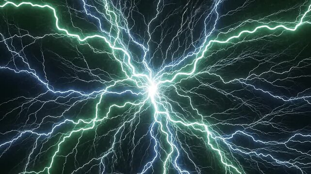 Dynamic visual representation of a powerful electrical discharge, featuring vibrant blue and green lightning bolts radiating from a brilliant central point, symbolizing raw energy and digital current
