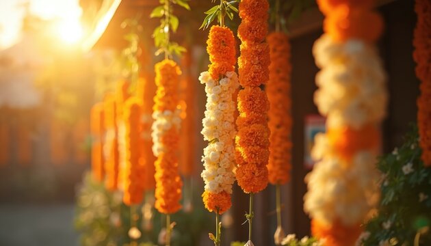 Orange and white marigold flower garlands hang outdoors in warm sunlight. These floral decorations are used for spring festivals and cultural celebrations in India.