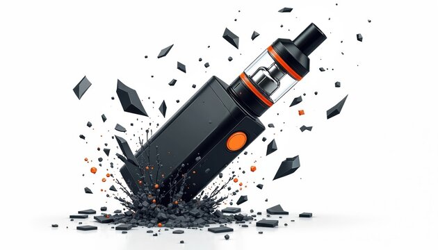 Black vape device explodes into shards and dust particles. Shattered glass and dark fragments fly outwards from broken electronic cigarette on white background. Nicotine vapor pen hazard.