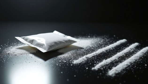 White powder in plastic packet and lines on dark surface. Drug addiction and crime issues. Narcotics and illegal substance for abuse. Danger of drug use.