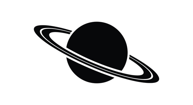 A striking black silhouette of saturn with prominent rings against a white background silhouette