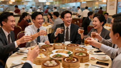 Fototapeta premium Celebrating Together at a Banquet: Business colleagues gather at a restaurant, toasting with drinks and enjoying a delicious meal together. The atmosphere is filled with warmth.