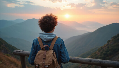 Naklejka premium Young person with backpack looks over mountain range at sunrise. Hiker enjoys vast landscape view from hill. Traveler on adventure vacation explores nature.