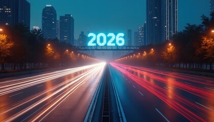 Obraz premium Neon sign glows 2026 over busy highway at night. Light streaks show fast moving cars past city skyscrapers. Urban growth and future transport concepts visualized.