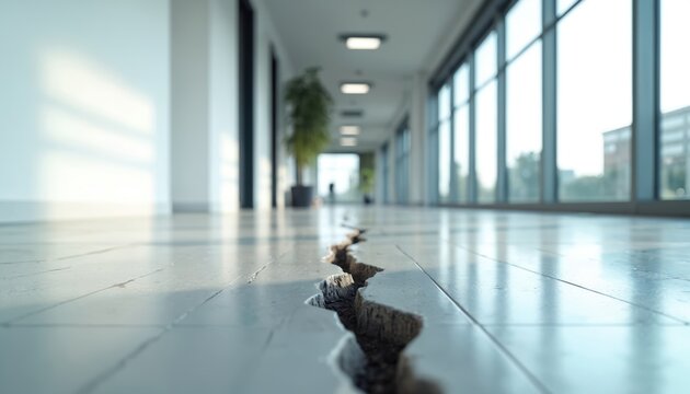 Large crack splits modern office hallway floor tiles. Building damage is visible creating hazard. Need for urgent construction repair and maintenance work is evident. This shows structural failure.