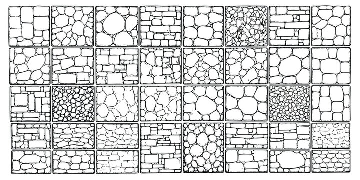 Set of various stone wall texture patterns and brick masonry block designs in black and white