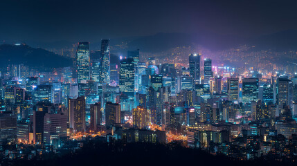 Fototapeta premium Seoul City Skyline at Night with Glowing Skyscrapers and Futuristic Neon Lights, Aerial View of South Korea Capital Cityscape, Urban Travel