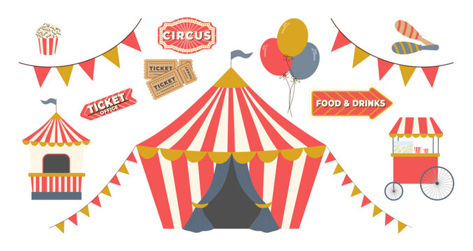 Collection of circus carnival elements featuring a big top tent, popcorn, balloons, tickets, and bunting flags. Vector illustration set for festive event design and fairground decoration.