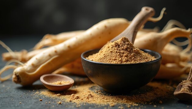 Fresh ginseng roots and powder in bowl with wooden scoop. Herbal ingredient for wellness and traditional medicine. Natural organic plant for health.