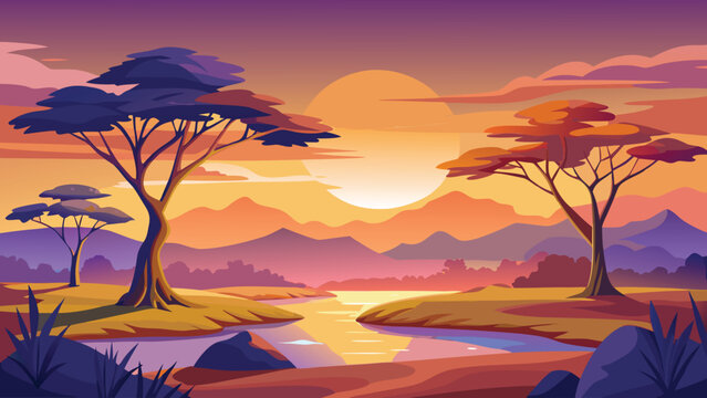 Beautiful african savanna landscape with acacia trees at a colorful sunset over a river