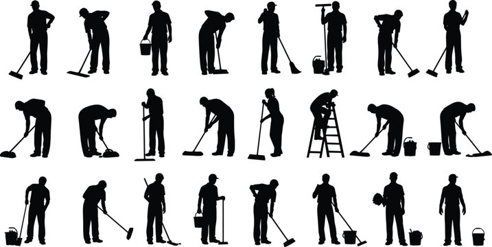 Large collection of black silhouettes featuring professional cleaners and janitors using mops brooms buckets and ladders for commercial cleaning and domestic housekeeping services.