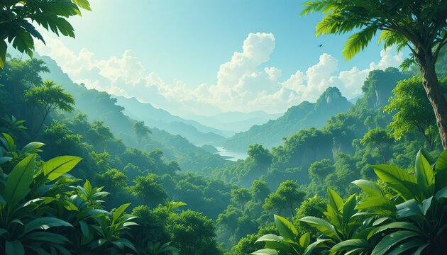 Lush tropical rainforest landscape with dense green foliage misty forested hills bright blue sky and scattered white clouds symbolizing rich natural ecosystem diversity