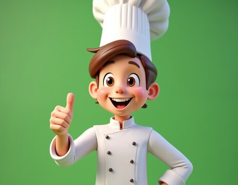 Happy cartoon boy chef in white uniform and hat gives thumbs up gesture. Young cook smiles, enjoys cooking, expresses approval. Kid smiles with joy. Green background.