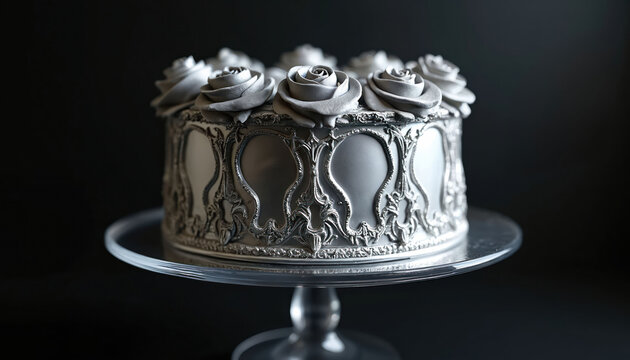 Ornate silver cake with sculpted floral details rests on glass pedestal. Luxurious dessert for special celebration wedding. Elegant confection with detailed design, serving as beautiful centerpiece.