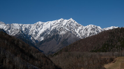 紅葉の山と冠雪の北アルプス　長野県白馬村 © RATM