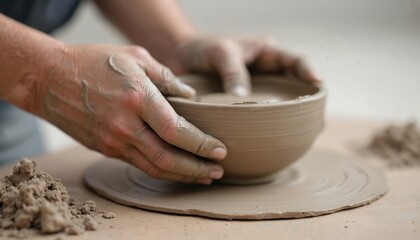 Fototapeta premium Hands sculpt wet clay on pottery wheel. Artisan shapes bowl creating ceramic art. Craftsmanship tradition, hands molding natural material. Skillful work process.