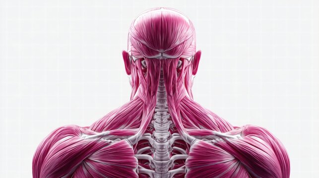 Detailed anatomical view of human neck and shoulder muscles.