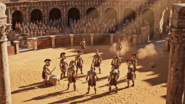 Gladiators Prepare for Battle in Ancient Roman Colosseum Arena