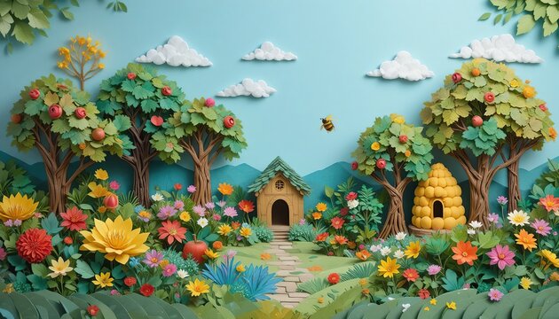 Colorful paper art garden with green trees bearing red fruits bright flowers wooden house yellow beehive flying bee blue hills and cloudy sky scene