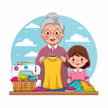 Grandmother and Granddaughter Sewing Together