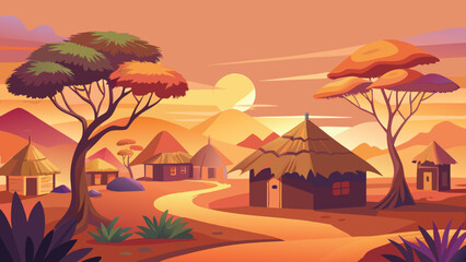 Obraz premium Traditional african village houses in the savanna under a warm sunset sky with acacia trees