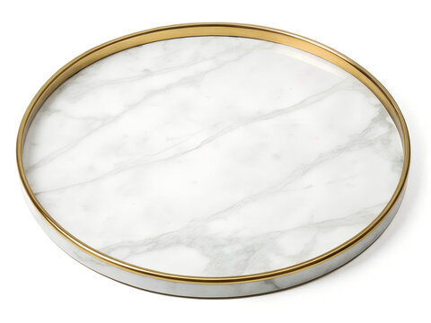 Empty Round White Marble Tray with Gold Metal Rim Blank Mockup Isolated on White Background 3/4 View
