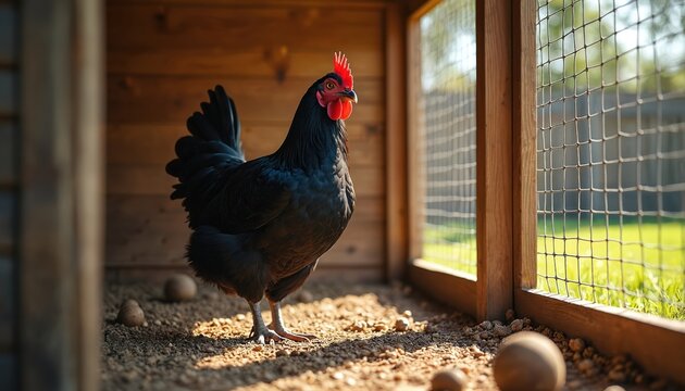 Black chicken with red comb stands in wooden coop. Poultry bird inside farm enclosure. Outdoor sunlight on hen. Domesticated fowl on rural ground.