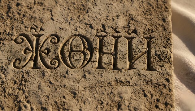 Cyrillic alphabet stone engraving close up for Slavic Literature and Culture Day celebration concept, showcasing ancient history and heritage in golden lighting
