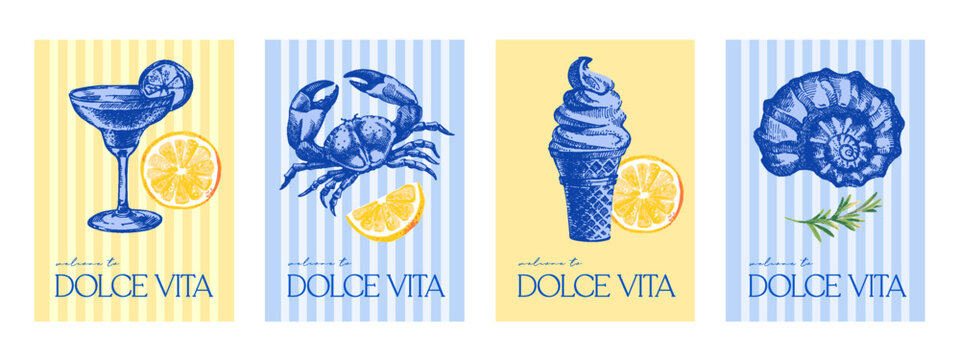 Vintage summer Italy Mediterranean coastal poster set. Lemon and Italian food stamp design. Hand drawn vector illustration. Amalfi sketch and watercolor beach vacation banners.