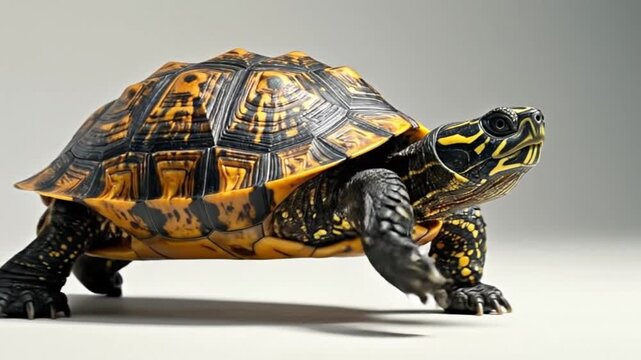 A detailed view of a reptile with a patterned shell and textured skin