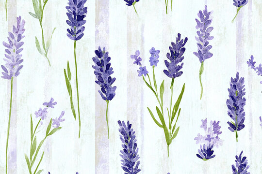 lavender flowers with green stems on soft pastel striped background watercolor botanical illustration delicate floral design for prints textile wallpaper and decor