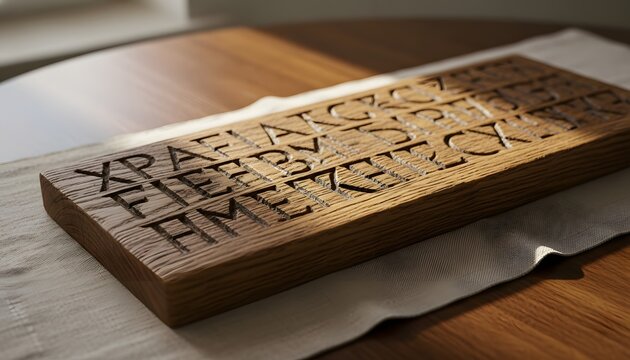 Traditional glagolitic script carved wood block on a table for slavic literature and culture day concept, celebrating ancient writing and historical linguistic heritage