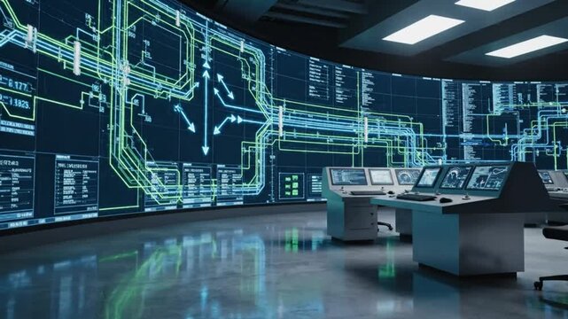 Futuristic control room with large curved screens displaying technical data, monitoring, and operations interface